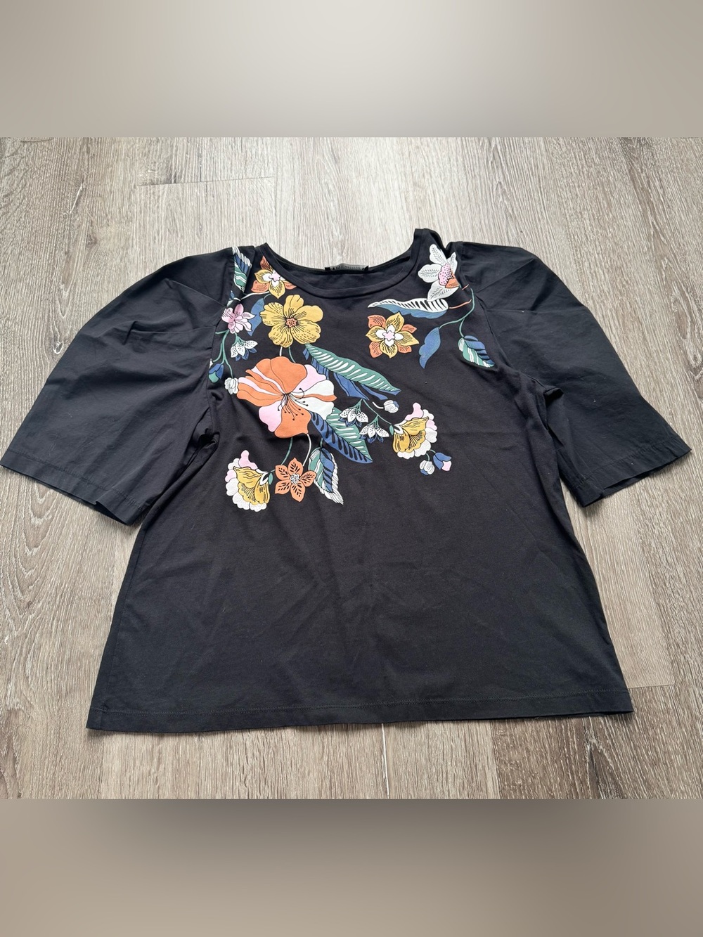 Zara Black Floral Print Puff Sleeve Top Size Small Cottagecore Boho